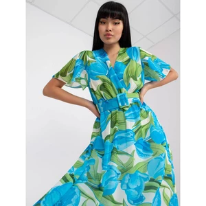 Blue and green envelope dress with prints and short sleeves