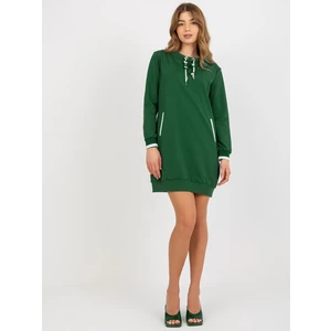 Women's Short Sweatshirt Basic Dress with Pockets - Green