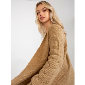 Camel maxi cardigan with openwork pattern