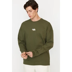 Trendyol Khaki Men's Oversize Fit Crew Neck Sweatshirt with Animal Embroidery and a Soft Pillowcase.