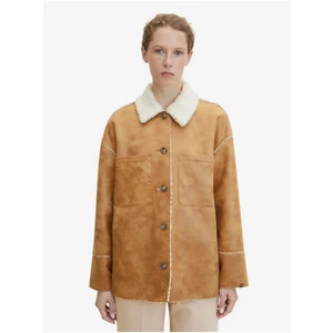 Světle hnědá dámská koženková bunda s umělým kožíškem Tom Tailor - Dámské