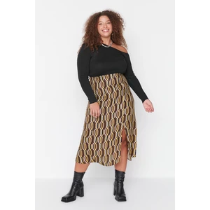 Trendyol Curve Brown Retro Patterned Slit Viscose Woven Skirt
