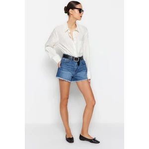 Trendyol Dark Blue Slit Detailed High Waist Denim Shorts