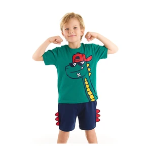 Denokids Dinosaur Boys With Glasses Green T-shirt Navy Blue Shorts Set