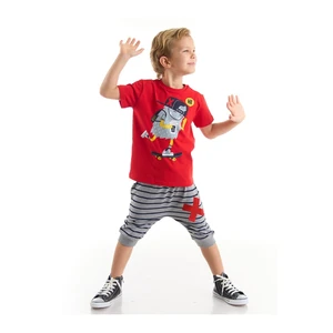 Denokids Hi Skateboarding Boys Red T-shirt Striped Gray Capri Shorts Set