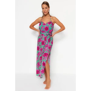 Trendyol Floral Patterned Belted Maxi Weave Ruffled Beach Dress