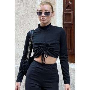 Trend Alaçatı Stili Women's Black Adjustable Half Turtleneck Crop Top with Front Gatherings