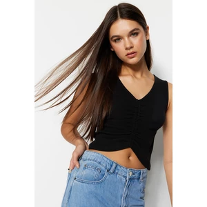 Trendyol Black Shirred Detail Fitted/Simple V-Neck Ribbed Flexible Crop Knitted Blouse