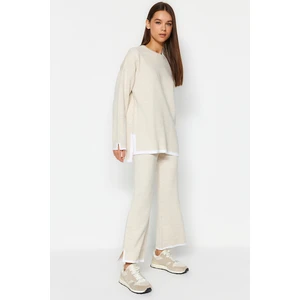 Trendyol Beige Wide fit Contrast Colored Knitwear Top and Bottom Set