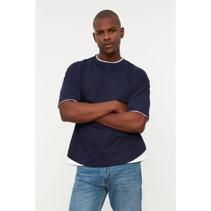 Trendyol Navy Blue Men's Oversize Fit Crew Neck Short Sleeve Paneled T-Shirt