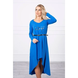 Dress with a decorative belt and an inscription mauve-blue