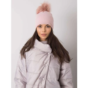 Light pink winter hat with pompoms