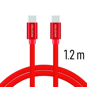 Adatkábel Swissten textil USB-C konnektorral és gyorstöltés támogatással 1,2 m, piros