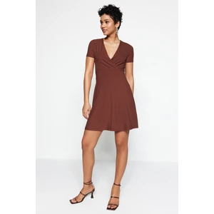 Trendyol Brown Double-breasted Collar Mini, Flexible Knitted Dress