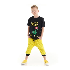 Mushi Lets Combed Cotton Boy Boy Black T-shirt Yellow Capri Shorts Set