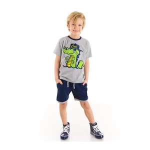 Denokids Best friend Crocodile Boys Gray T-shirt with Navy Blue Shorts Set.