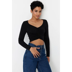 Trendyol Black Shirred Detail Fitted/Simple Crop, Stretchy Knit Blouse
