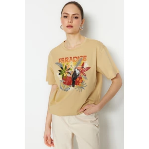 Trendyol Beige 100% Cotton Printed Boyfriend Crew Neck Knitted T-Shirt