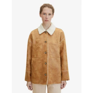 Světle hnědá dámská koženková bunda s umělým kožíškem Tom Tailor - Dámské