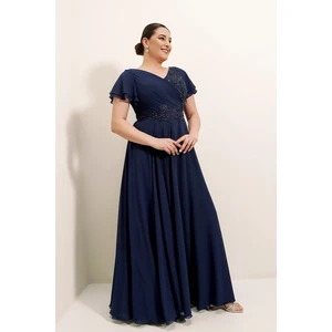 By Saygı Flounce Sleeves Front Beaded Embroidery Pleated Lined B.C. Chiffon Dress Navy