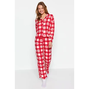Trendyol Red Deer Pattern Plaid Shirt-Pants Knitted Pajamas Set