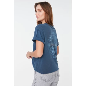 Trendyol Indigo Washed and Foil Printed Boyfriend Knitted T-Shirt