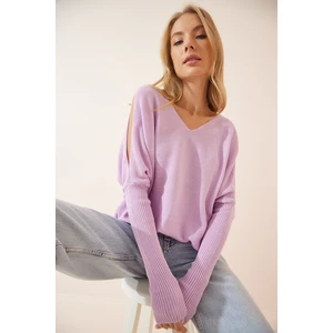 Happiness İstanbul Women's Lilac Oversized Knitwear Sweater with Window on the Shoulder