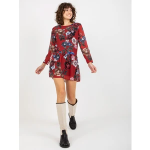 Lady's Floral Mini Dress with Ruffle - Red