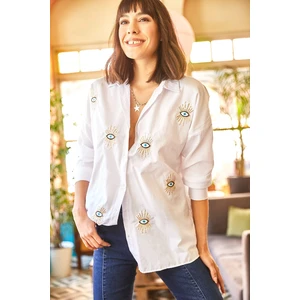 Olalook Women's White Eye Sequin Detailed Woven Boyfriend Shirt