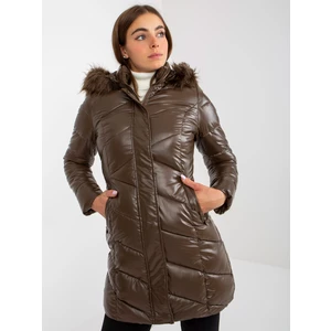 Dark brown lacquered winter jacket with stitching