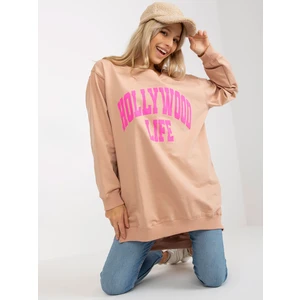 Beige and pink oversize long sweatshirt with inscription