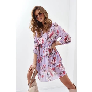 Lavender floral dress with a tied neckline