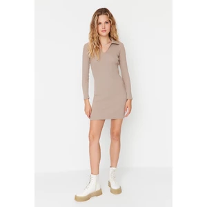 Trendyol Stone Fitted Polo Neck Mini Ribbed Flexible Knitted Dress