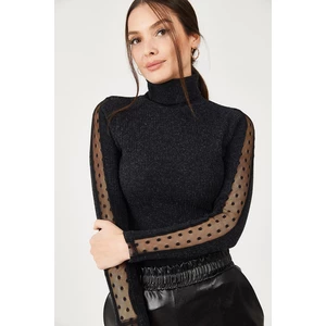 armonika Women's Black Neck Sleeves Lace Detailed Knitwear Sweater