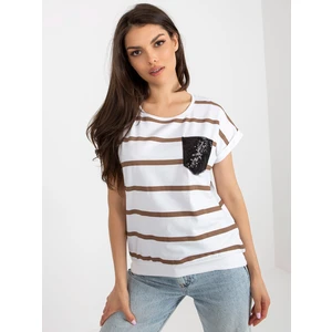 White and brown striped blouse with short sleeves