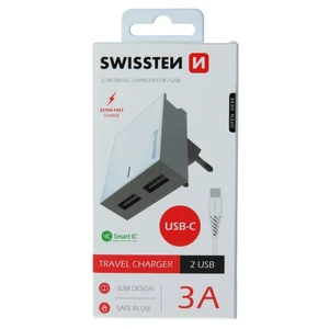 SWISSTEN SÍŤOVÝ ADAPTÉR SMART IC 2x USB 3A POWER + DATOVÝ KABEL USB / TYPE C 1,2 M, BÍLÁ