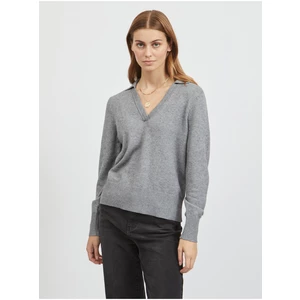 Grey women's sweater with clamshell neckline VILA Ril - Women