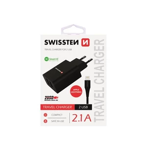 Nabíječka Swissten Smart IC 2.1A s 2 USB konektory a datovým kabelem USB/Lightning, 1,2m, černá
