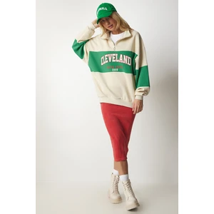 Happiness İstanbul Women's Cream Green Color Block Print Oversized Sweatshirt