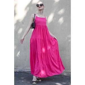 Madmext Pleated Fuchsia Backless Pleated Long Dress