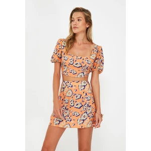 Trendyol Orange Floral Patterned Viscose Bottom-Top Set