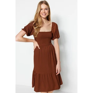 Trendyol Brown Skater Square Neck Balloon Sleeve Midi Crepe Knit Dress