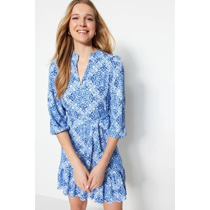 Trendyol Blue Printed Belted A-Line Mini Knitted Dress