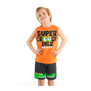 Denokids Crocodile Trousers Boys Cotton Combed Cotton T-shirt Orange With Gray Shorts Set.