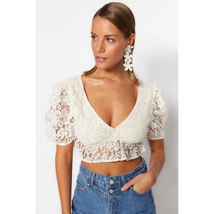 Trendyol Ecru Crop Knitted Blouse with Balloon Sleeves