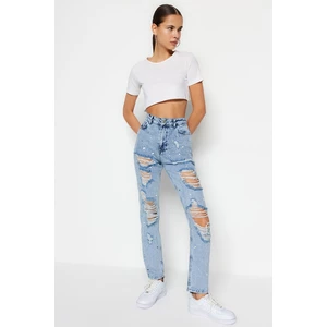 Trendyol Light Blue Stone Detailed Ripped High Waist Bootcut Jeans