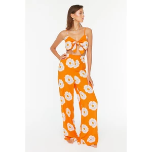 Trendyol Orange Floral Patterned Lacing Detailed Blouse-Pants Set
