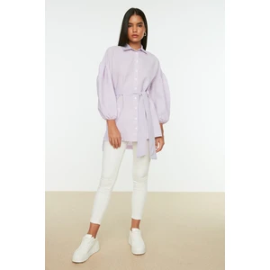 Trendyol Lilac Striped Belted Balloon Back Sleeve Long Woven Shirt