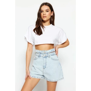 Trendyol Light Blue High Waist Denim Shorts With Waist Detail