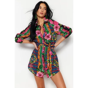 Trendyol Floral Pattern Belted Mini Weave 100% Cotton Beach Dress with Balloon Sleeves